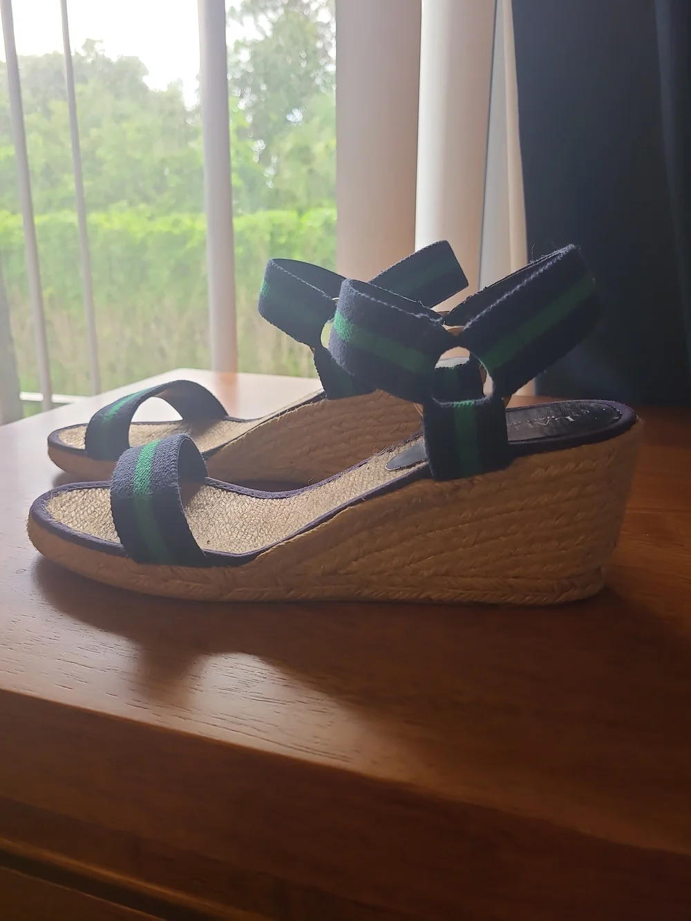 Lauren Ralph Lauren Navy and Green Striped Espadrille Wedges
